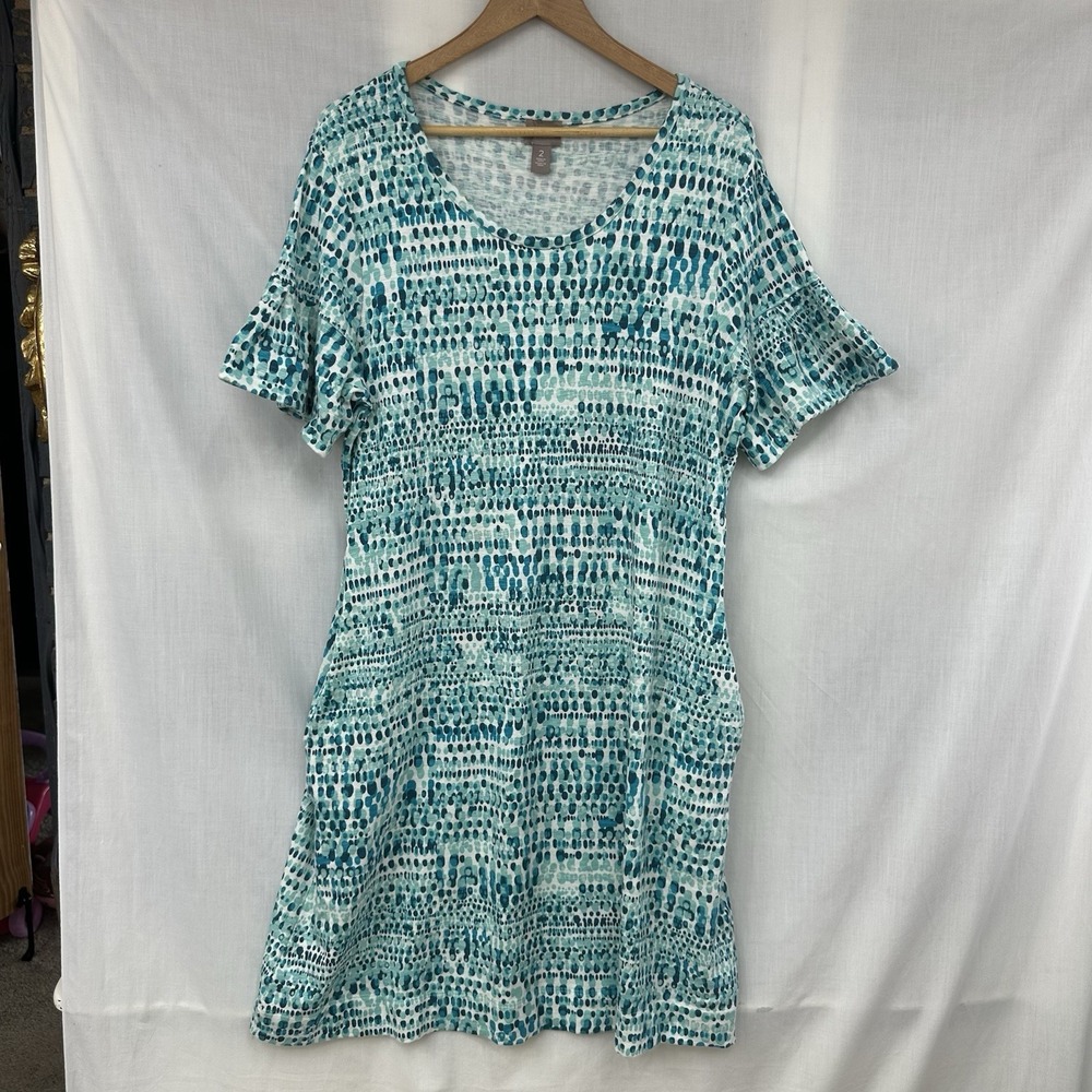 Chico's Size 2 Teal Aqua Dot Print Knit short-sleeve dress Ruffle Pockets Soft